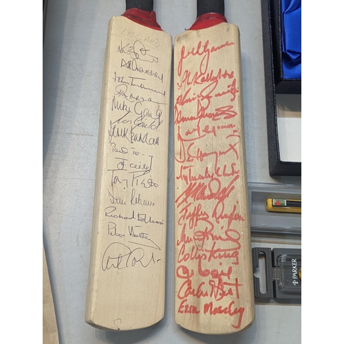 469 - Cricket memorabilia to include signed miniature bats, 1980's Natwest bank trophy items, glass, clock... 