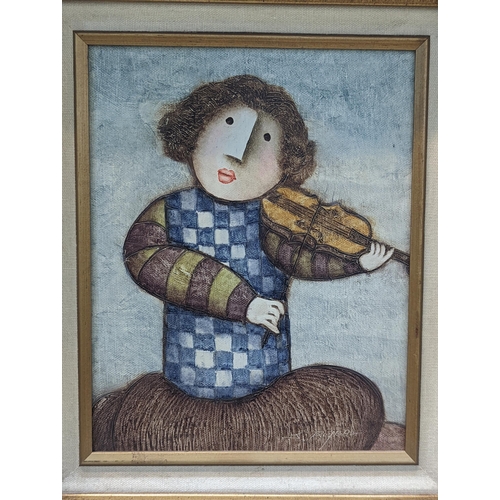 470 - A Joyce Roybal acrylic picture on canvas of a violinist, along with four framed and glazed pictures ... 