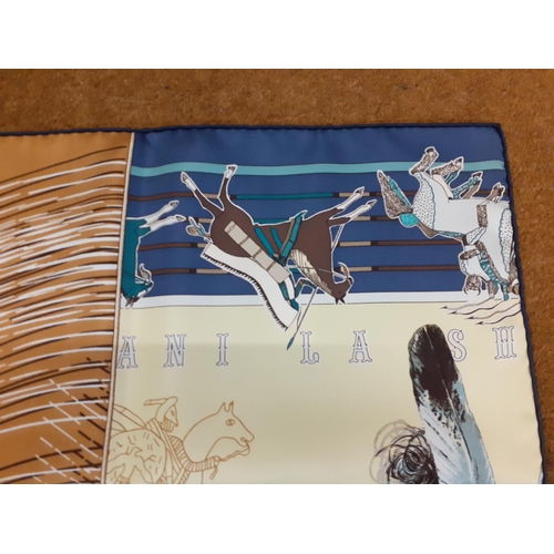 2A - Hermes-A modern 'Ani Lash' silk scarf designed by Gala in blues, greens, brown and white colourway, ... 