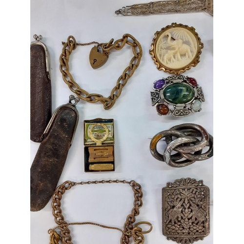 72 - A quantity of Victorian and later costume jewellery and hat pins to include a micro-mosaic pendant o... 