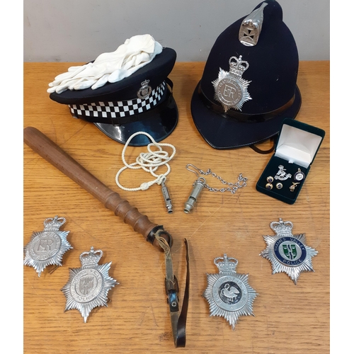 82 - Two Thames Valley Police hats, 2 whistles to include The Metropolitan and Girl Guides, a wooden trun... 