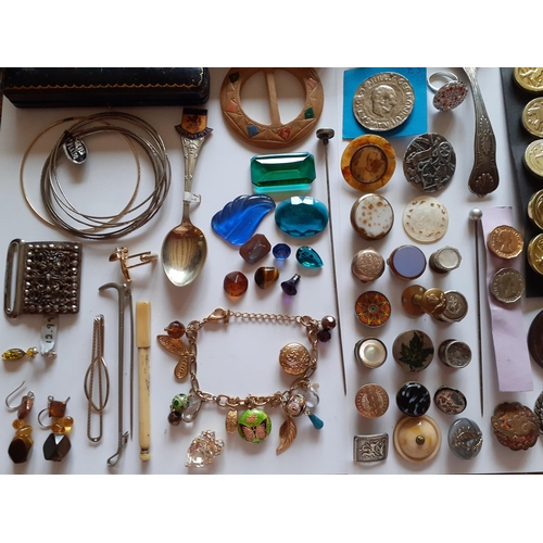 87 - Items of interest to include 19th Century and Artid buttons, propelling pencils. ornate keys, rings,... 