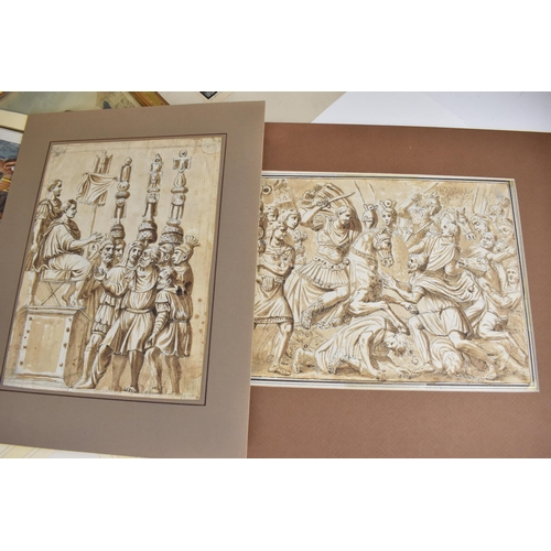 177 - A portfolio of European works, to include two Italian sepia ink wash studies from 17th century bas-r... 