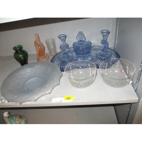 441 - Art Deco and other glassware to include a frosted blue tinted bowl decorated with fish, and a blue p... 