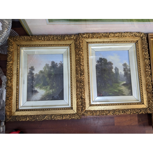 408 - Pictures to include AS - a pair of 19th century river scenes, oil on board, oil on canvas river scen... 