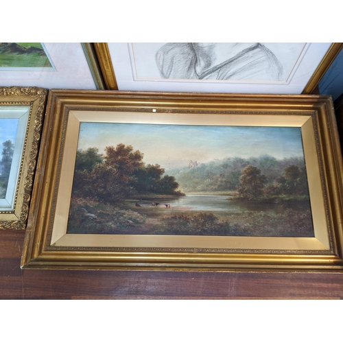 408 - Pictures to include AS - a pair of 19th century river scenes, oil on board, oil on canvas river scen... 