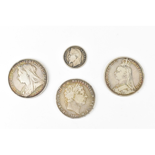 109 - A George III (1760-1820) 'Garter' crown LX, dated 1820 together with a pair of Queen Victoria (1837-... 