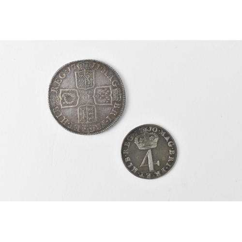 112 - Queen Anne (1702-1714) shilling, third bust, dated 1711 together with 1710 fourpence