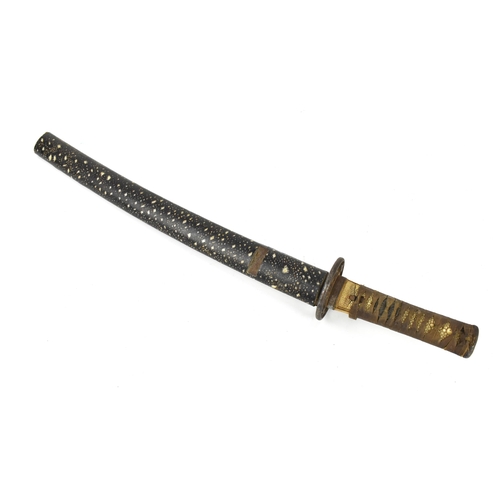 34 - A Japanese Meiji or earlier period wakizashi, with pierced iron tsuba, the tsuka fabric bound on ray... 