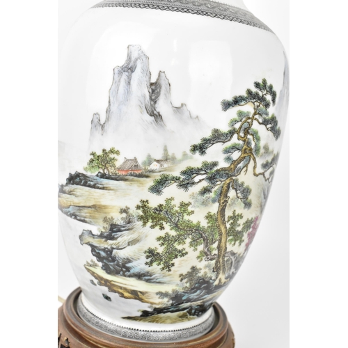 55 - A Chinese Republic or later porcelain vase, made into a lamp, 20th century, of ovoid form with appli... 