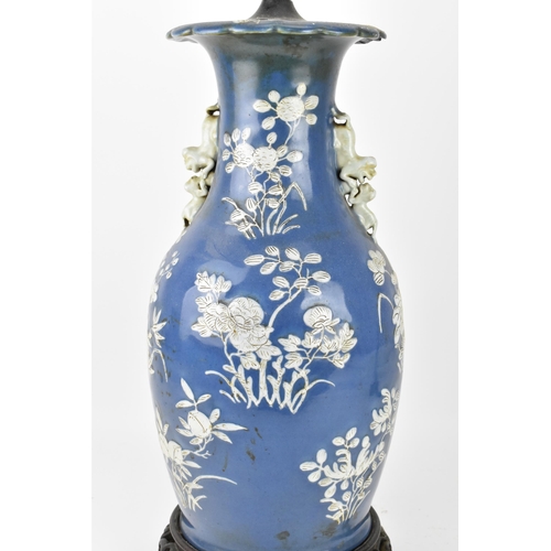 75 - A large Chinese blue and white porcelain vase converted to a lamp, of baluster form, the blue body w... 