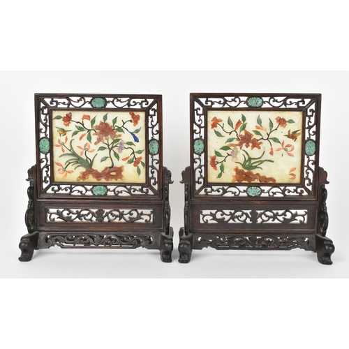 2 - A pair of Chinese jade and hardstone table screens, early 20th century, each with central rectangula... 