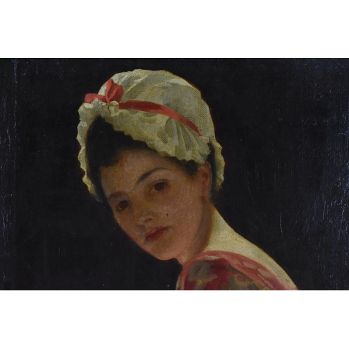 213 - Ernest Board (1877-1934) British
'A Connoisseur', depicting a young lady in a ribbon tied bonnet obs... 