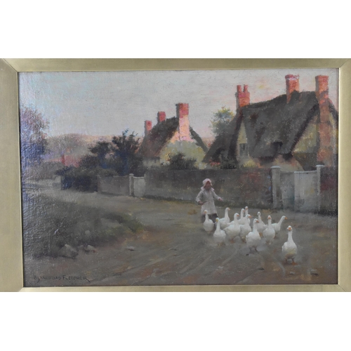 218 - Blandford Esmond Fletcher (1858-1936) British
depicting a village scene with a girl gathering geese,... 