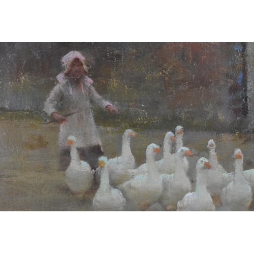 218 - Blandford Esmond Fletcher (1858-1936) British
depicting a village scene with a girl gathering geese,... 