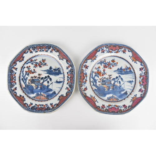 28 - Three Chinese 18th century porcelain plates, to include two of octagonal form with willow pattern de... 