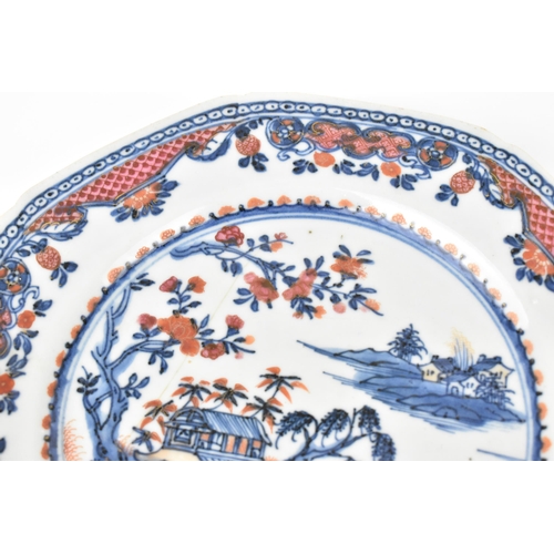 28 - Three Chinese 18th century porcelain plates, to include two of octagonal form with willow pattern de... 