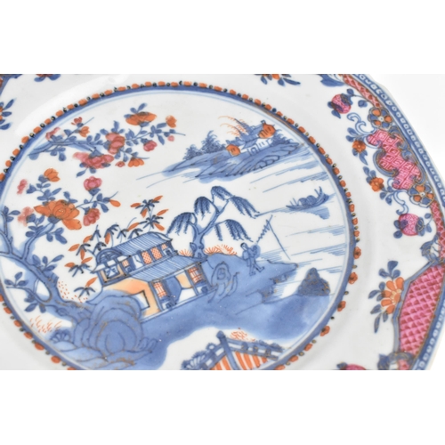 28 - Three Chinese 18th century porcelain plates, to include two of octagonal form with willow pattern de... 