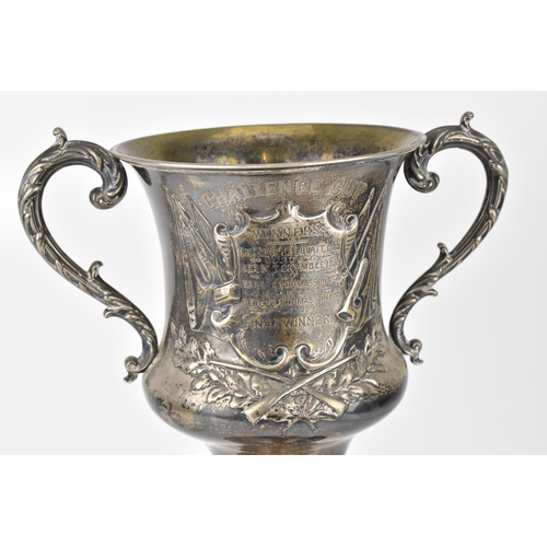 143 - A British Army Regimental Challenge Cup, Twin handled Silver trophy, hallmarks London 1860.  The emb... 