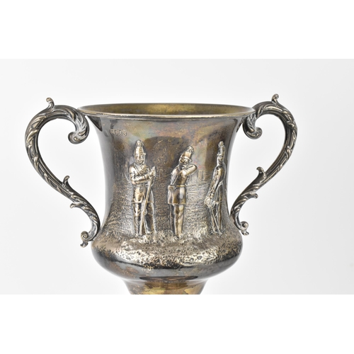 143 - A British Army Regimental Challenge Cup, Twin handled Silver trophy, hallmarks London 1860.  The emb... 