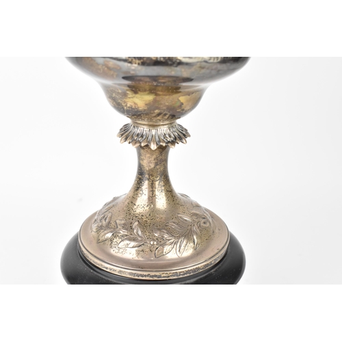 143 - A British Army Regimental Challenge Cup, Twin handled Silver trophy, hallmarks London 1860.  The emb... 