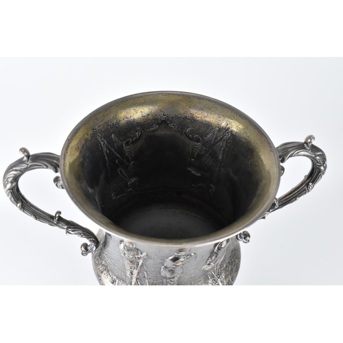 143 - A British Army Regimental Challenge Cup, Twin handled Silver trophy, hallmarks London 1860.  The emb... 