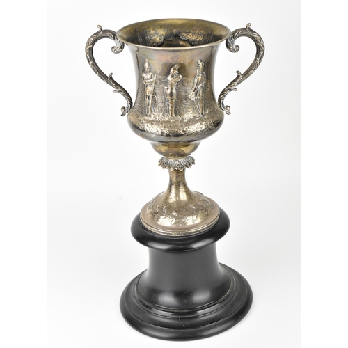 143 - A British Army Regimental Challenge Cup, Twin handled Silver trophy, hallmarks London 1860.  The emb... 