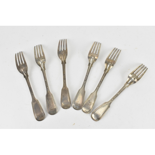 198 - A set of six Victorian silver table forks by Chawner & Co, London 1874, in the fiddle and thread pat... 