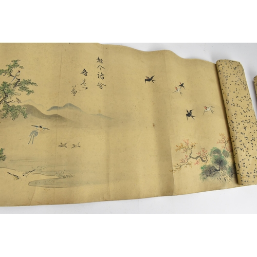 80 - A group of Japanese late Meiji/Taisho period painted scrolls, all four horizontally long scrolls wit... 