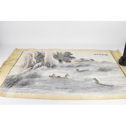 80 - A group of Japanese late Meiji/Taisho period painted scrolls, all four horizontally long scrolls wit... 