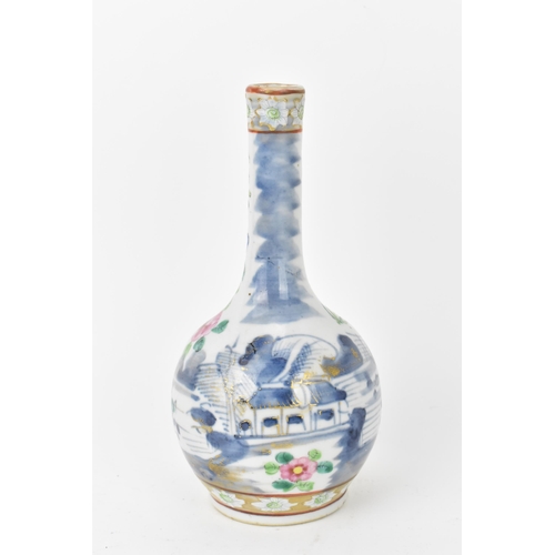 86 - A Chinese Famille Rose porcelain bottle vase, late 19th century, with underglaze blue landscape and ... 