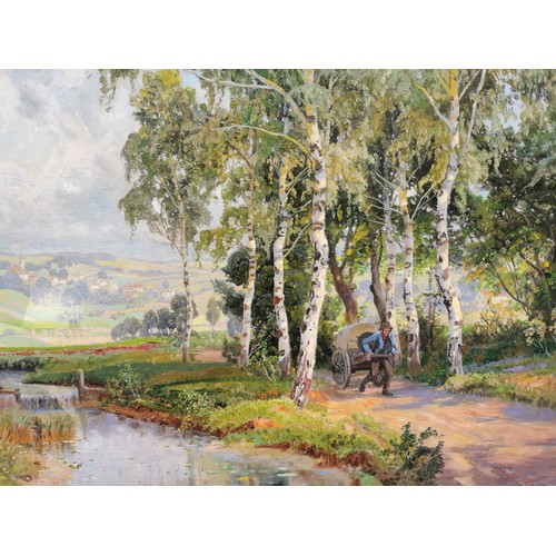 173 - Alois Arnegger (1879-1963) Austrian
depicting a woodland riverside scene, signed lower right, oil on... 