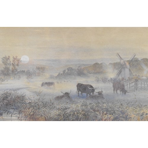 169 - Charles Earle (1832-1893)  a landscape at sunrise, with cattle and a windmill, watercolour signed LR... 