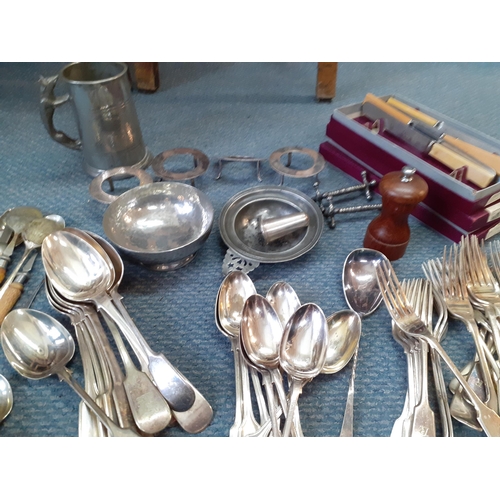 108 - A Walker & Hall 1930s silver plated and footed card tray with inscription, together with mixed silve... 