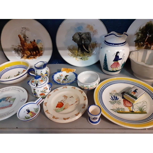 109 - Quimper ware plates and breakfast items, three Wedgwood David Shepherd pictorial plates and Bunnykin... 