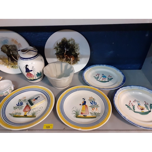 109 - Quimper ware plates and breakfast items, three Wedgwood David Shepherd pictorial plates and Bunnykin... 