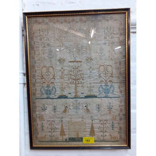 193 - A 1796 sampler worked by Ann Stanford on February 12th, stretched in a black frame, Location RWF