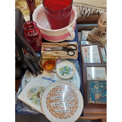 68 - A mixed lot to include two mid 20th century oak framed mantle clocks, a vintage suitcase, ceramics a... 