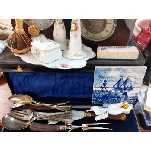 68 - A mixed lot to include two mid 20th century oak framed mantle clocks, a vintage suitcase, ceramics a... 