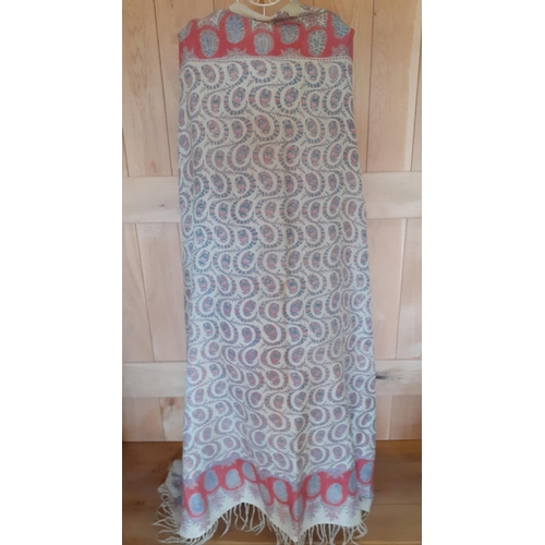 15 - A Victorian printed cotton crinoline shawl having a cream background with sprays and swags of salmon... 