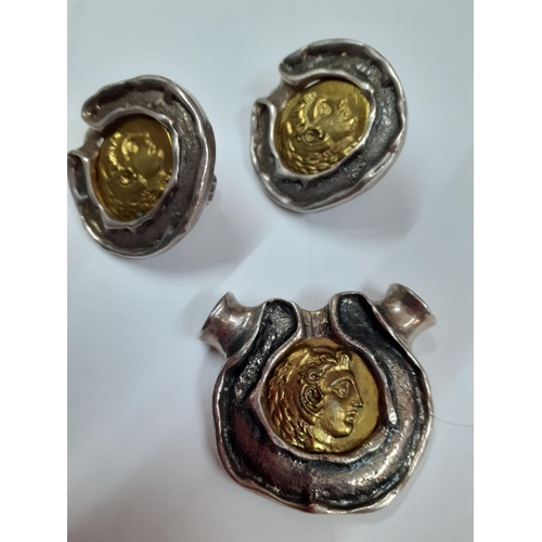 26 - Celia Harms- A pair of Harms Mexican silver coin earrings and matching pendant together with a Mexic... 