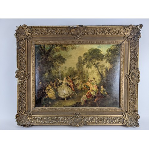 218 - After Nicolas Lancret - 'La Camargo Dancing' oleograph, 44cm x 59cm, in a gilt frame
Location: RWF