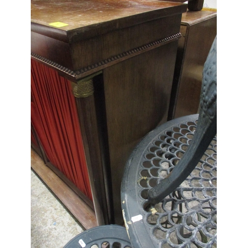 1 - A Victorian rosewood side cabinet with shaped back, twin curtained doors, flanked by open pillars, o... 