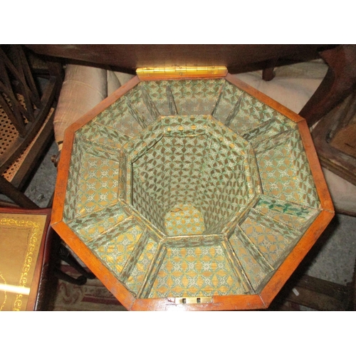 153 - Victorian walnut sewing/work table, octagonal top with German strapwork inlaid and moulded edge, hin... 