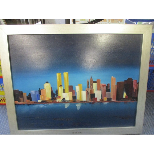 159 - C Charroy - oil on canvas city skyline landscape viewed across a river, signed lower left, 52 x 67cm... 