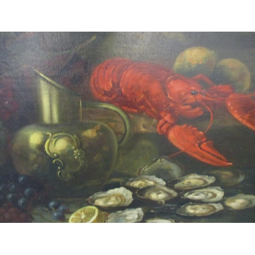 168 - J van Steemsel (Belgium) - still life, table of oysters and lemons, a lobster, and a basket of grape... 