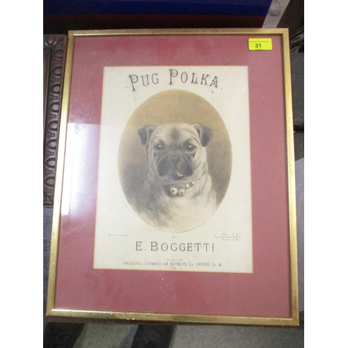 31 - A group  of framed and glazed Victorian prints to include Pug Polka by E Boggetti, depicting the hea... 