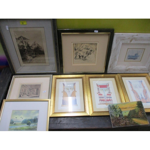 52 - A mixed lot of framed and glazed and unframed prints and other pictures to include one depicting Spa... 