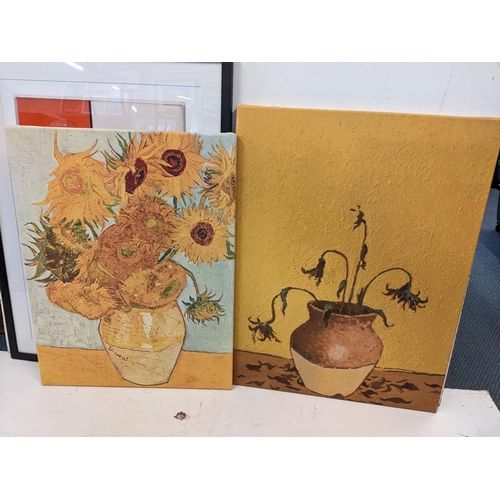 118 - Three pictures to include Van Gough Sunflowers, print, Banksy Van Gough print and a Piet mandarin pr... 