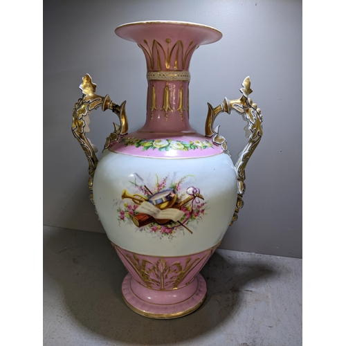 123 - A 19th century French Haviland & Co, twin handled vase of baluster form on a pink and white ground w... 